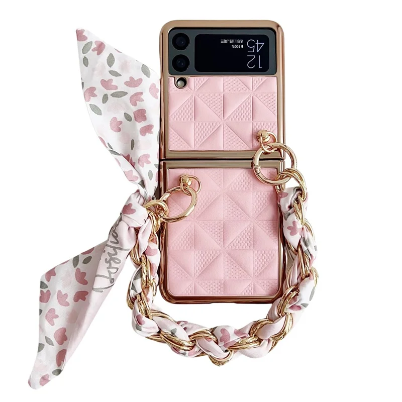 For Samsung Galaxy Z Flip4 5G Case Grid Pattern Leather Phone Back Cover with Chain Bracelet - Pink