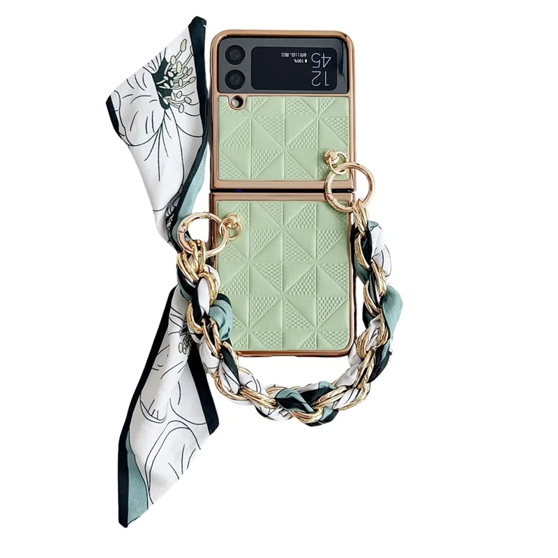Per Samsung Galaxy Z Flip4 5G Custodia Motivo a griglia in pelle Custodia posteriore per telefono con braccialetto a catena - Verde chiaro