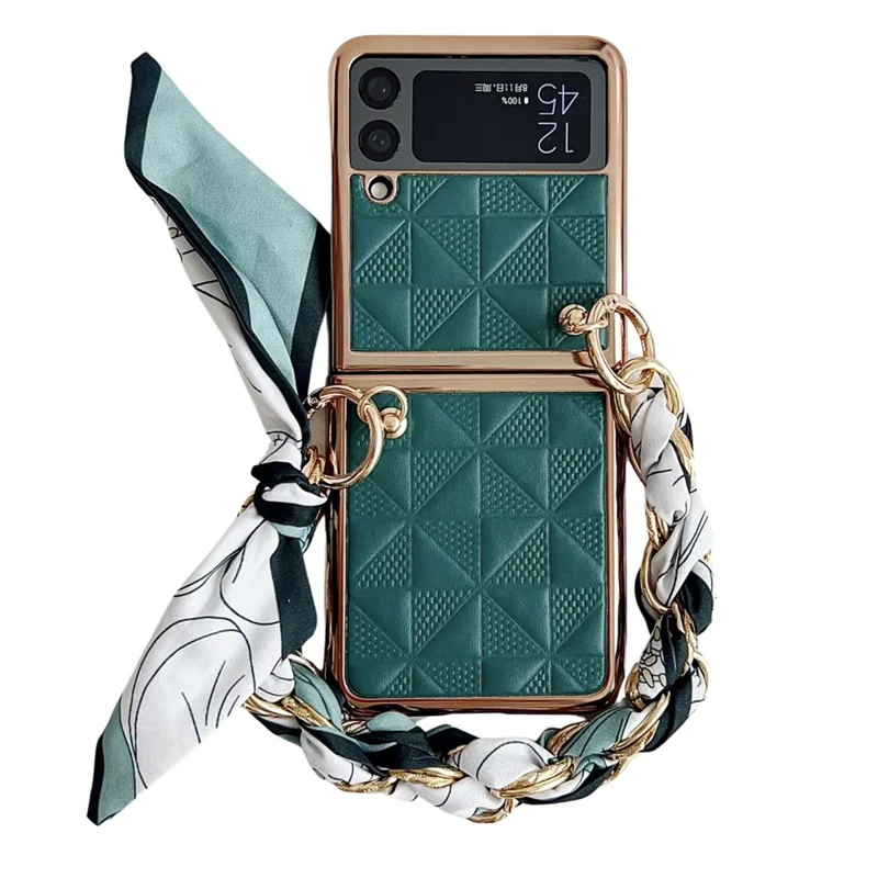 For Samsung Galaxy Z Flip4 5G Case Grid Pattern Leather Phone Back Cover with Chain Bracelet - Dark Green