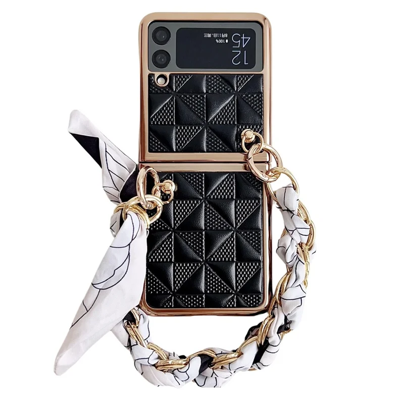 For Samsung Galaxy Z Flip4 5G Case Grid Pattern Leather Phone Back Cover with Chain Bracelet - Black