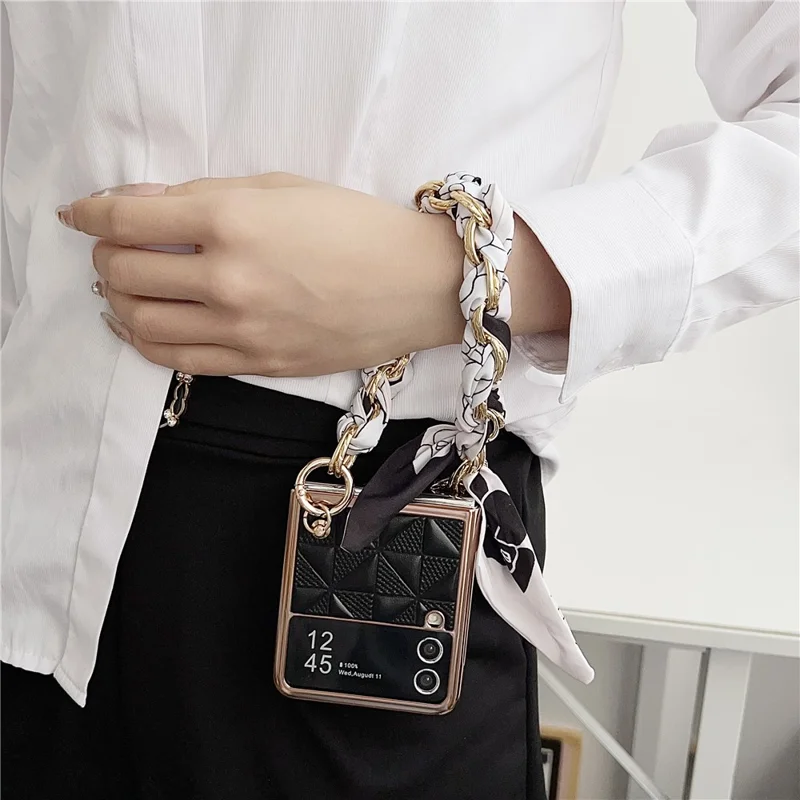 For Samsung Galaxy Z Flip4 5G Case Grid Pattern Leather Phone Back Cover with Chain Bracelet - Black