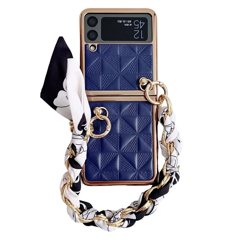 For Samsung Galaxy Z Flip4 5G Case Grid Pattern Leather Phone Back Cover with Chain Bracelet - Sapphire