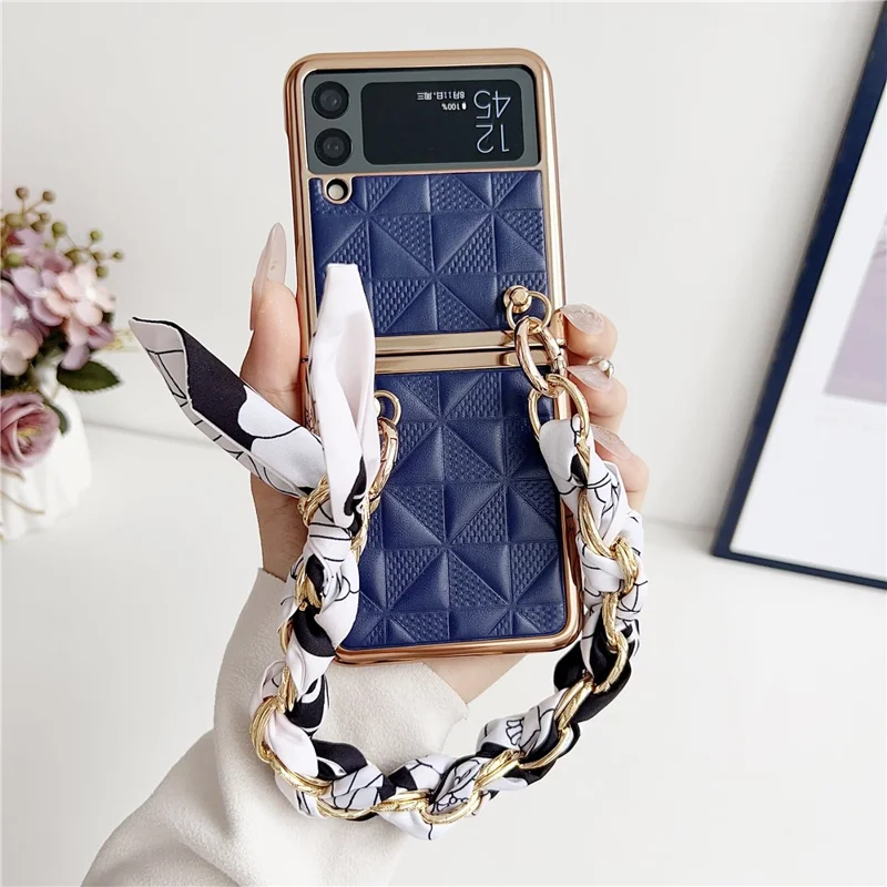 For Samsung Galaxy Z Flip4 5G Case Grid Pattern Leather Phone Back Cover with Chain Bracelet - Sapphire