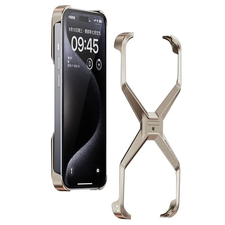 Per iPhone 15 Pro Custodia Frameless X-Shape Minimalista in Lega di Alluminio Sottile Bumper Cover - Oro Titanio