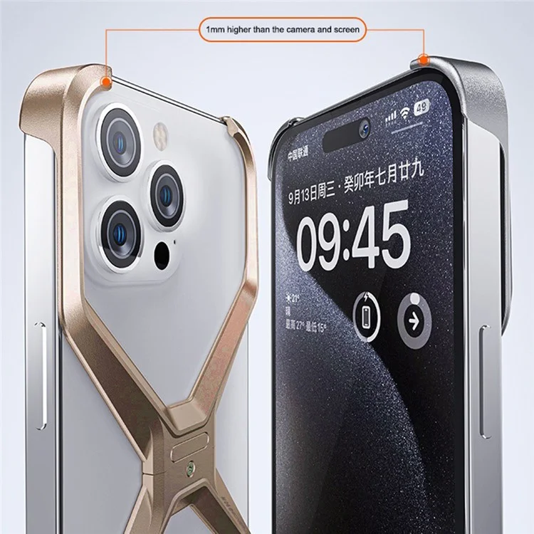 Per iPhone 15 Pro Custodia Frameless X-Shape Minimalista in Lega di Alluminio Sottile Bumper Cover - Oro Titanio