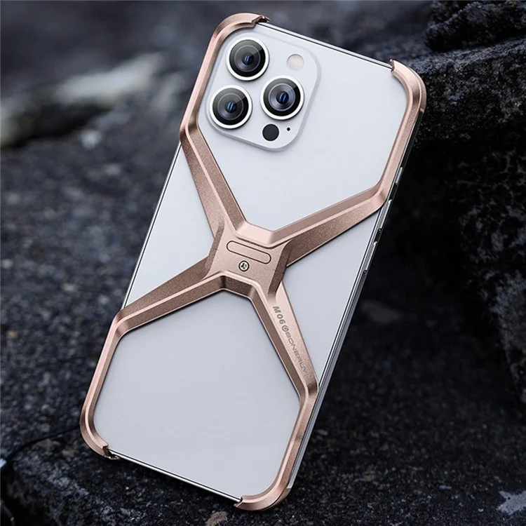 Per iPhone 15 Pro Custodia Frameless X-Shape Minimalista in Lega di Alluminio Sottile Bumper Cover - Oro Titanio