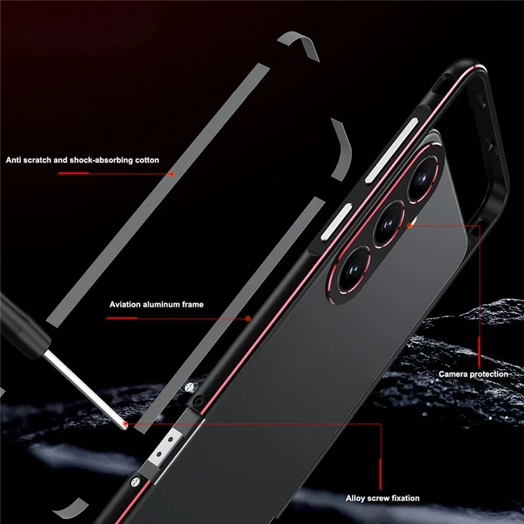 For Samsung Galaxy S24+ Funda Bumper de Metal Sin Diseño Trasero con Cubierta de Lente de Cámara - Negro / Rojo