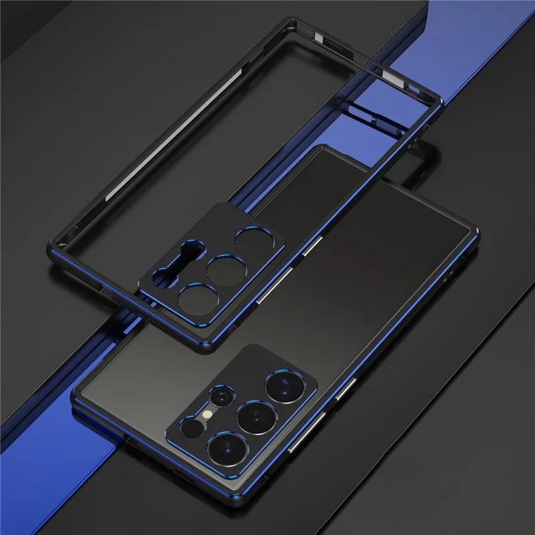 For Samsung Galaxy S24 Ultra Bumper Case Metal Frame Phone Cover with Camera Lens Protector - Black / Blue