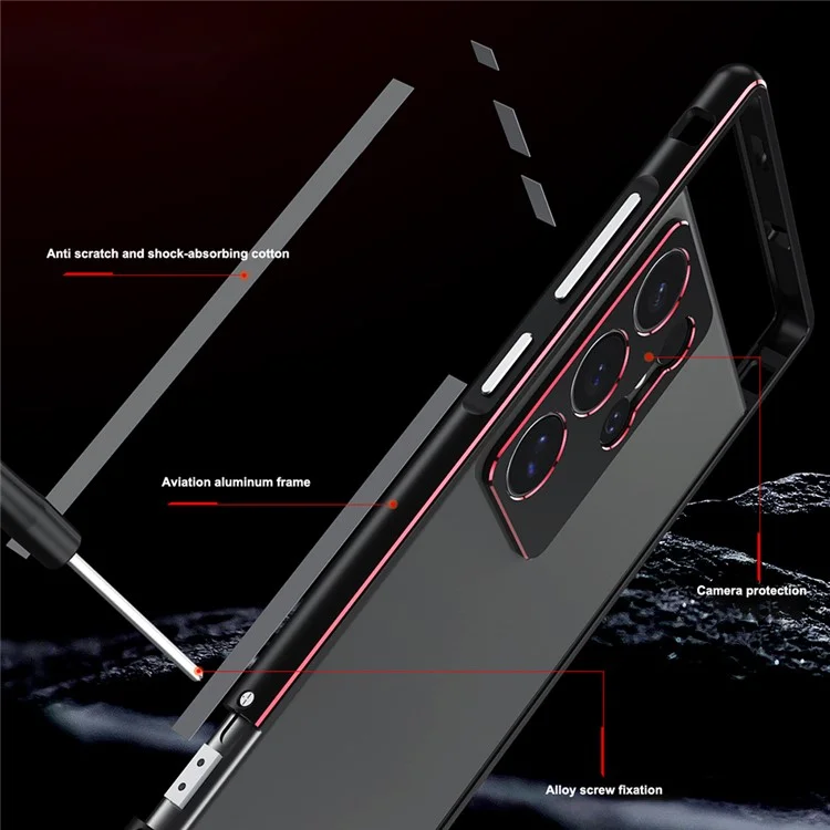 For Samsung Galaxy S24 Ultra Bumper Case Metal Frame Phone Cover with Camera Lens Protector - Black / Blue