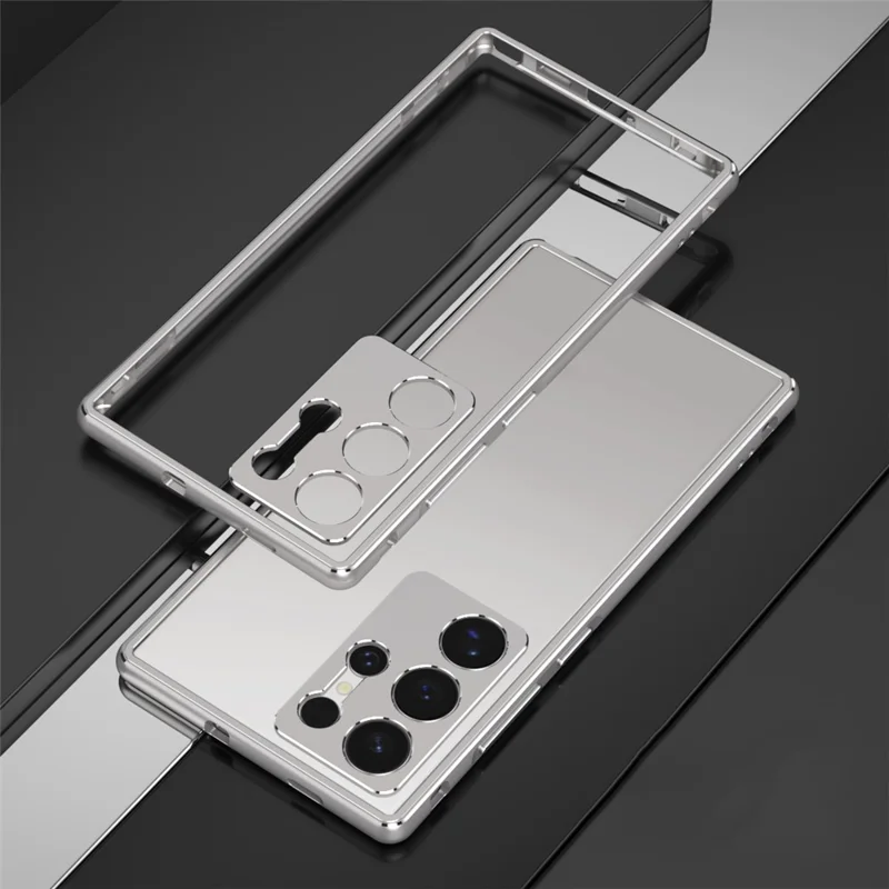 For Samsung Galaxy S24 Ultra Bumper Case Metal Frame Phone Cover with Camera Lens Protector - Grey / Silver