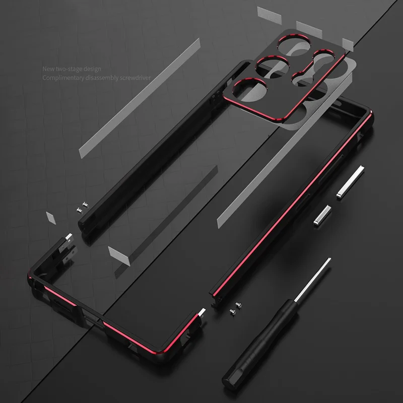 For Samsung Galaxy S24 Ultra Bumper Case Metal Frame Phone Cover with Camera Lens Protector - Grey / Silver