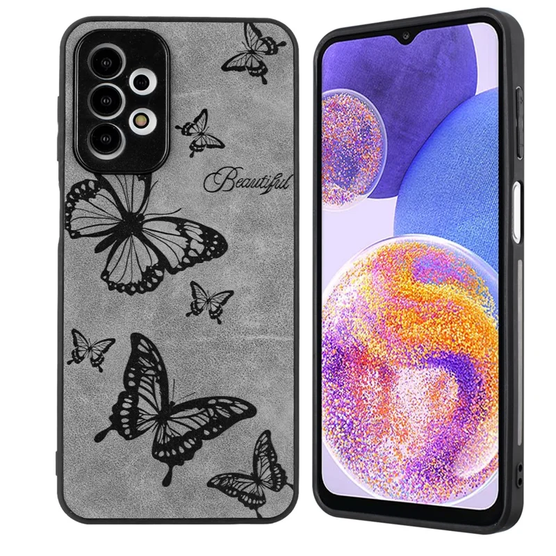 For Samsung Galaxy A23 5G (Global Version) / A23 4G Slim Case Pattern Print PU+PC+TPU Phone Cover - Grey / Butterfly