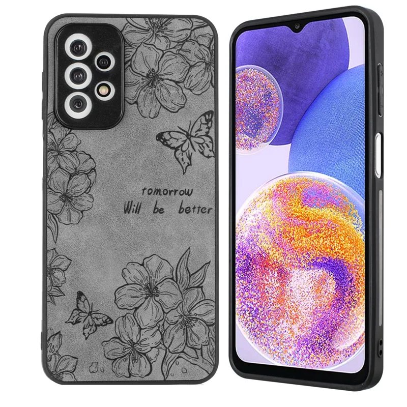 Для Samsung Galaxy A23 5G (глобальная Версия) / A23 4G Slim Case Pattern Print Pu+pc+tpu Телефона Телефона - Серый / Цветок+бабочка