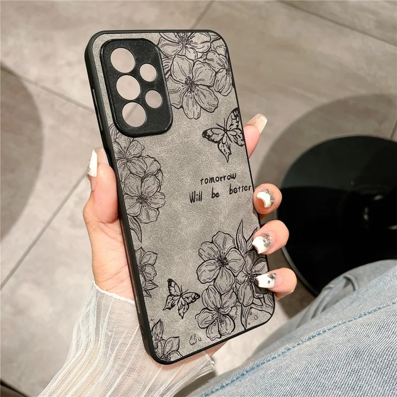 Для Samsung Galaxy A23 5G (глобальная Версия) / A23 4G Slim Case Pattern Print Pu+pc+tpu Телефона Телефона - Серый / Цветок+бабочка