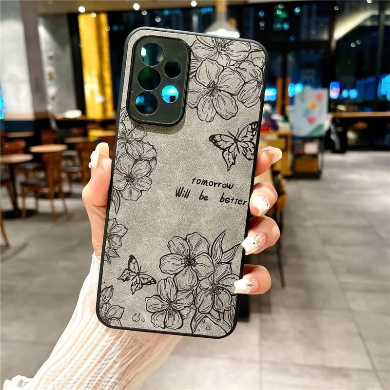 Для Samsung Galaxy A23 5G (глобальная Версия) / A23 4G Slim Case Pattern Print Pu+pc+tpu Телефона Телефона - Серый / Цветок+бабочка