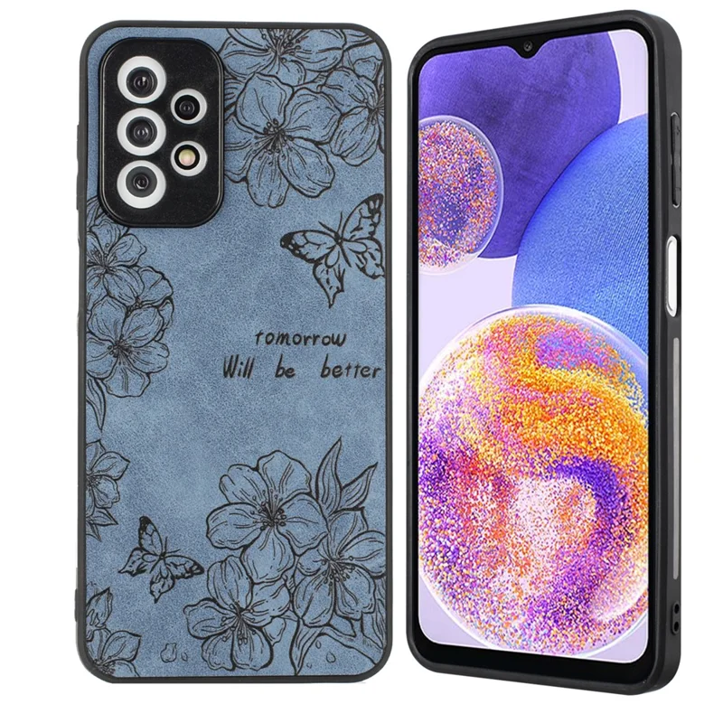 Für Samsung Galaxy A23 5G (globale Version) / A23 4G Slim Case Muster Druck PU+PC+TPU -telefonabdeckung - Blau / Blume+schmetterling