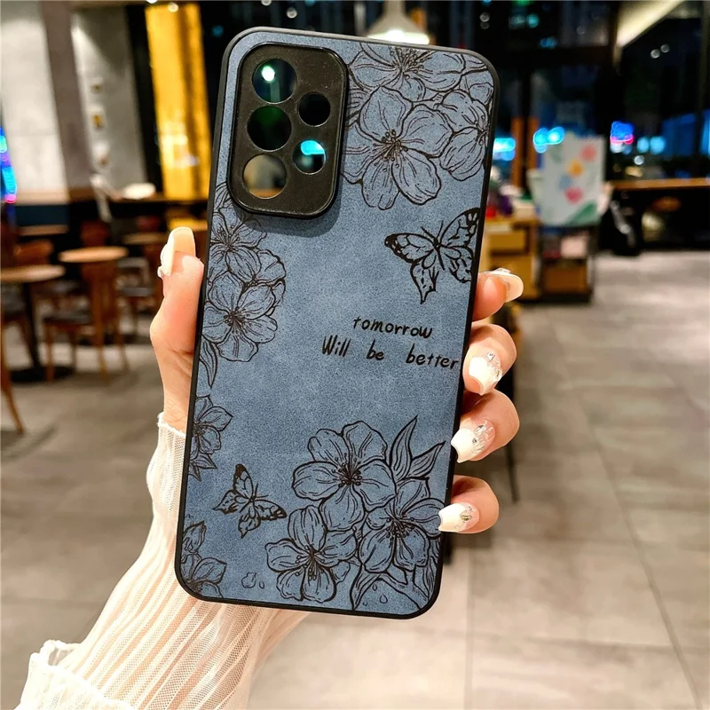 Für Samsung Galaxy A23 5G (globale Version) / A23 4G Slim Case Muster Druck PU+PC+TPU -telefonabdeckung - Blau / Blume+schmetterling