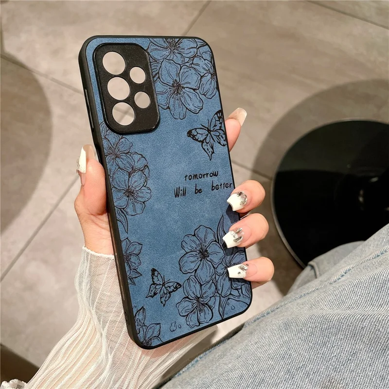 Für Samsung Galaxy A23 5G (globale Version) / A23 4G Slim Case Muster Druck PU+PC+TPU -telefonabdeckung - Blau / Blume+schmetterling