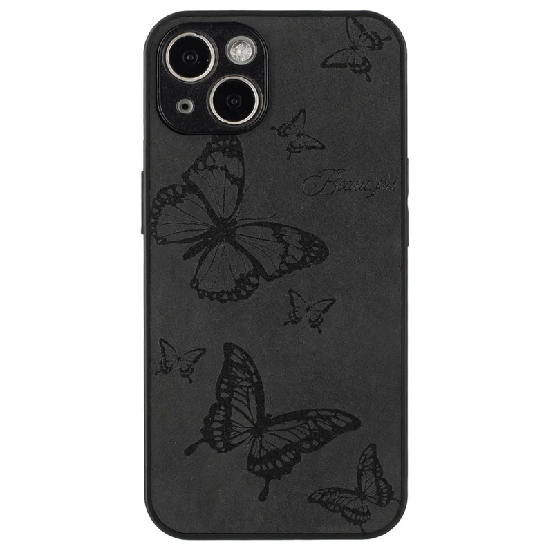 Para Iphone 15 Plus Patrón de Estuche de Cuero+pc+tpu Vintage Minimalista Teléfono Cubierta - Negro / Mariposa