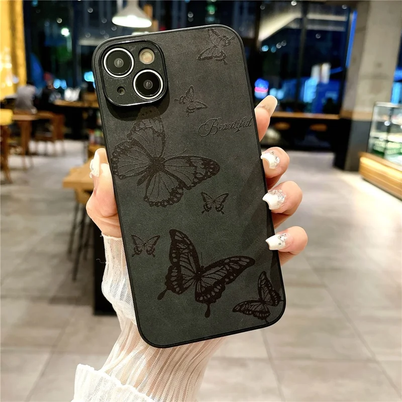 Para Iphone 15 Plus Patrón de Estuche de Cuero+pc+tpu Vintage Minimalista Teléfono Cubierta - Negro / Mariposa