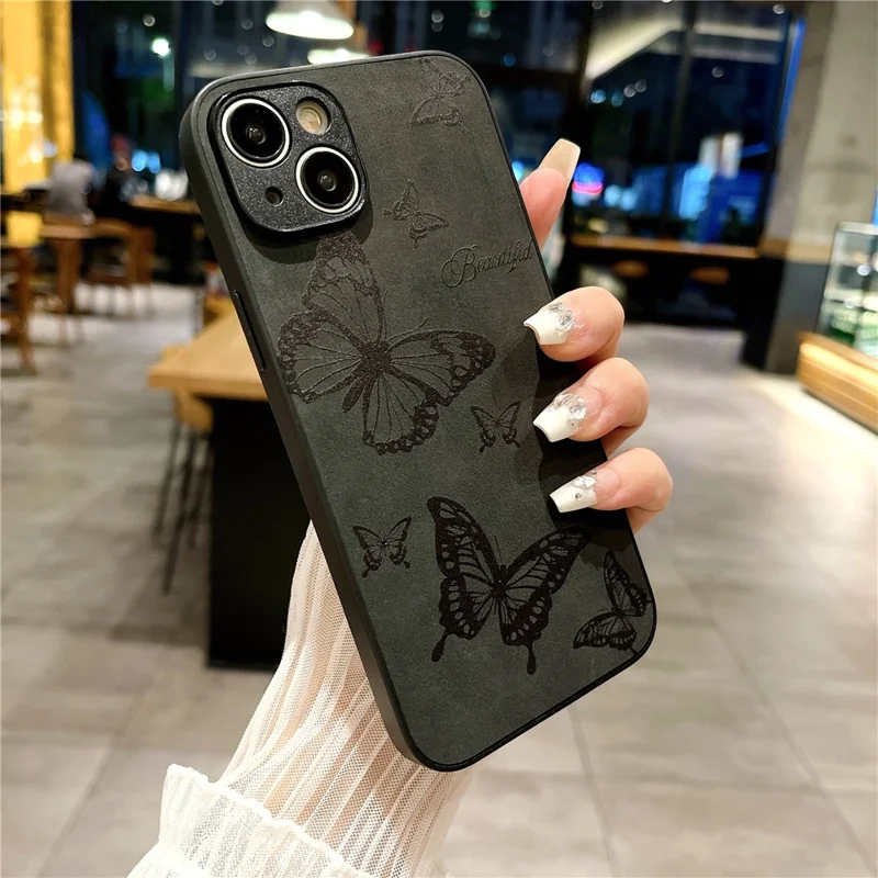 Para Iphone 15 Plus Patrón de Estuche de Cuero+pc+tpu Vintage Minimalista Teléfono Cubierta - Negro / Mariposa