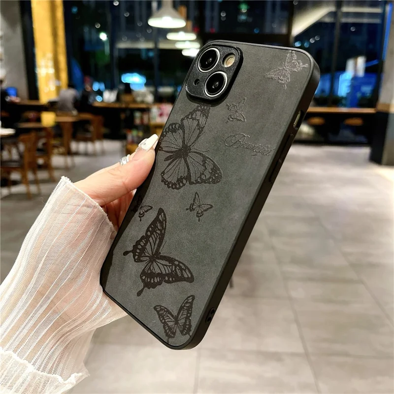 Para Iphone 15 Plus Patrón de Estuche de Cuero+pc+tpu Vintage Minimalista Teléfono Cubierta - Negro / Mariposa