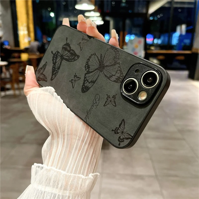 Para Iphone 15 Plus Patrón de Estuche de Cuero+pc+tpu Vintage Minimalista Teléfono Cubierta - Negro / Mariposa