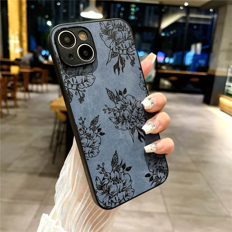 Pour Iphone 15 Plus Modèle de Boîtier en Cuir + pc + Tpu Couverture de Téléphone Minimaliste Vintage - Bleu / Rose