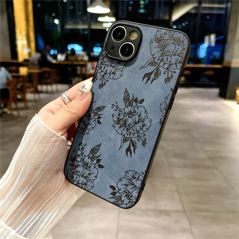 Pour Iphone 15 Plus Modèle de Boîtier en Cuir + pc + Tpu Couverture de Téléphone Minimaliste Vintage - Bleu / Rose
