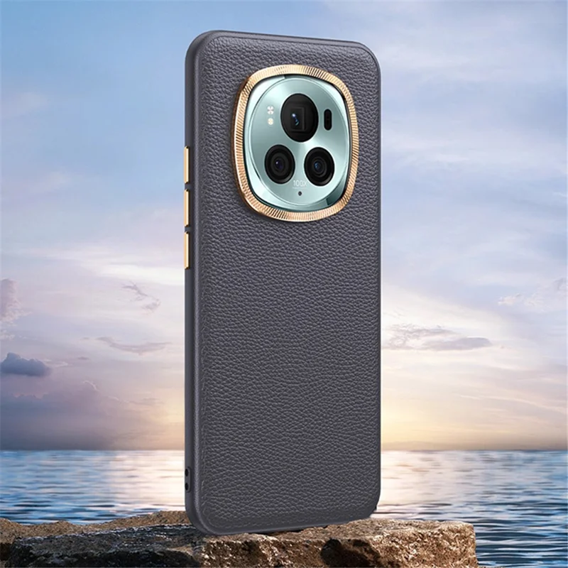 PU Leather+TPU Phone Case for Honor Magic6 Pro 5G Wholesale Metal Lens Frame Phone Cover - Grey