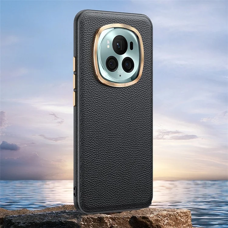 For Honor Magic6 5G Metal Lens Frame Phone Case Wholesale Phone Cases PU Leather+TPU Shell - Black
