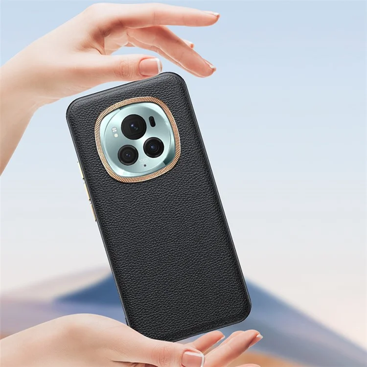 For Honor Magic6 5G Metal Lens Frame Phone Case Wholesale Phone Cases PU Leather+TPU Shell - Black