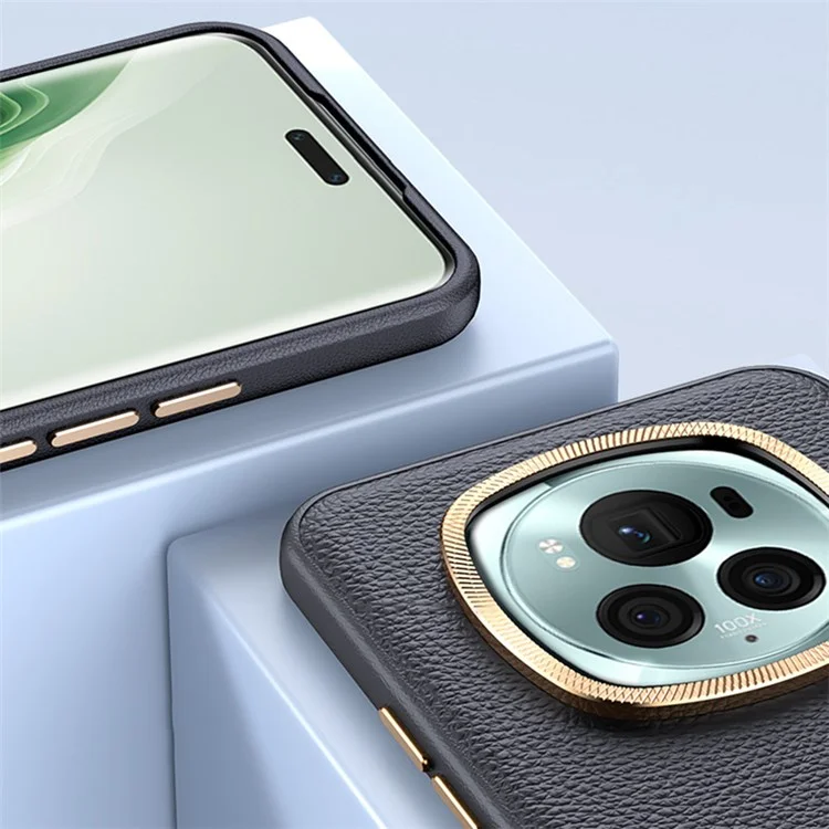 For Honor Magic6 5G Metal Lens Frame Phone Case Wholesale Phone Cases PU Leather+TPU Shell - Black