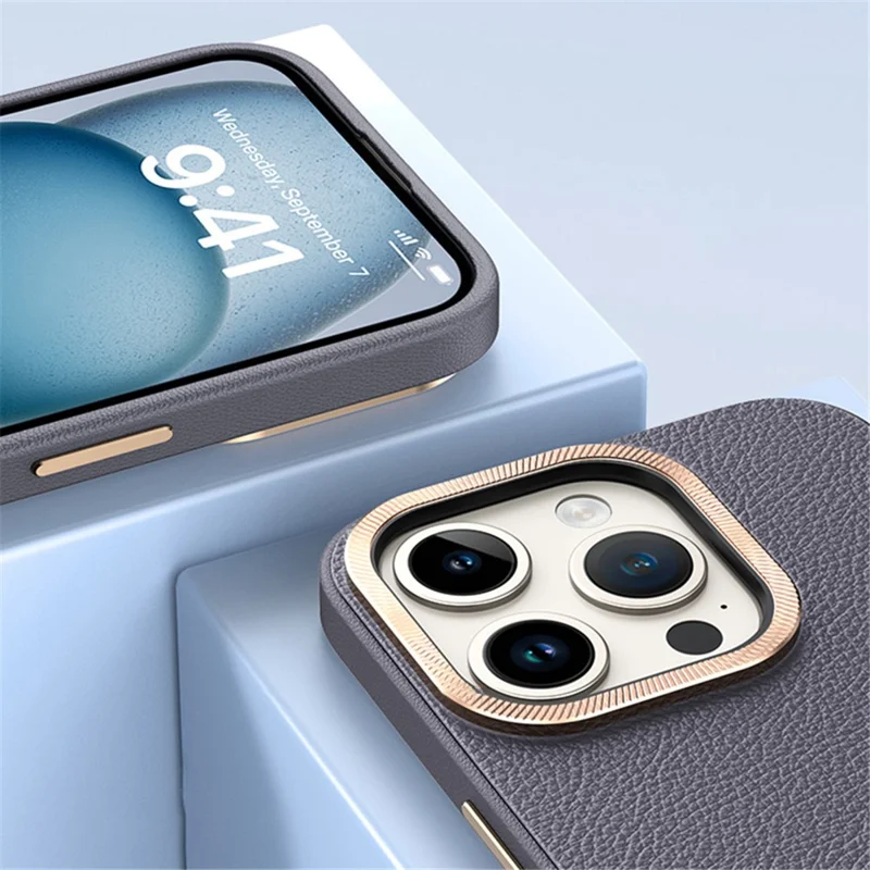 لـ iPhone 13 Pro Max غطاء هاتف مقاوم للصدمات بالجملة أكواب هواتف من جلد PU + هيكل TPU بإطار معدني للعدسة - رمادي