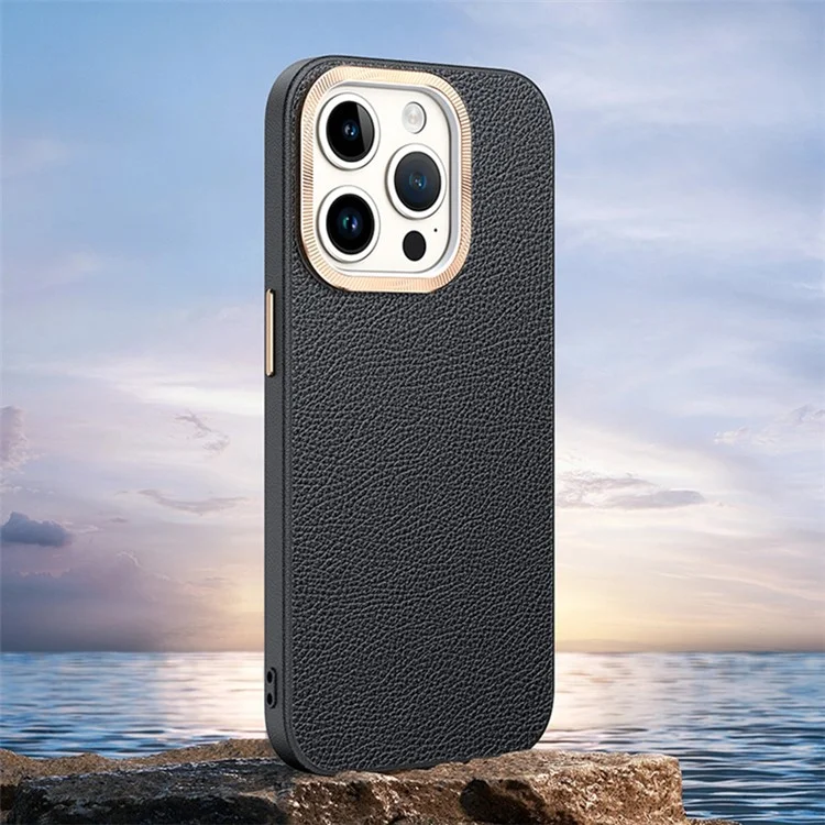 For iPhone 14 Pro Max Cover PU Leather+TPU Shockproof Phone Case with Metal Lens Frame - Black