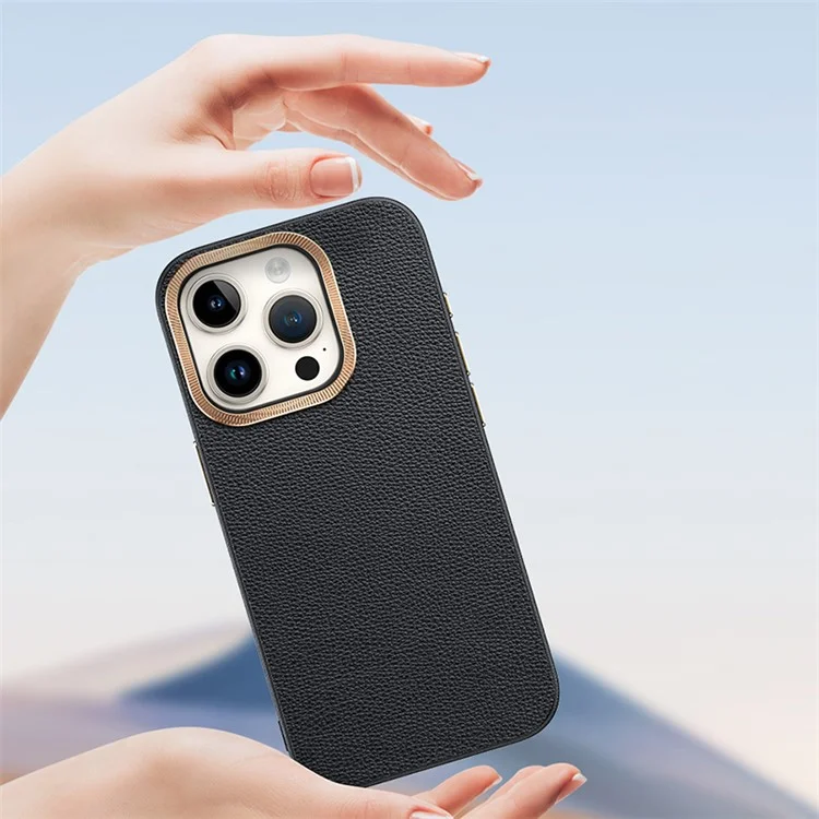 For iPhone 14 Pro Max Cover PU Leather+TPU Shockproof Phone Case with Metal Lens Frame - Black