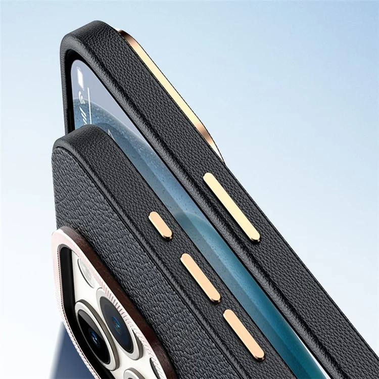 For iPhone 14 Pro Max Cover PU Leather+TPU Shockproof Phone Case with Metal Lens Frame - Black