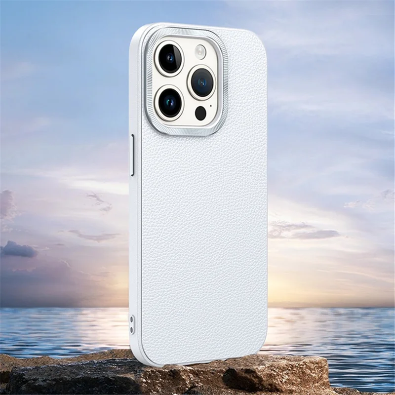 For iPhone 14 Pro Max Cover PU Leather+TPU Shockproof Phone Case with Metal Lens Frame - White