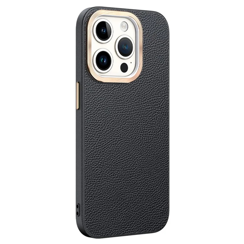 Per iPhone 15 Pro Max PU Leather+TPU Phone Case Metal Lens Frame Shockproof Cover - Nero