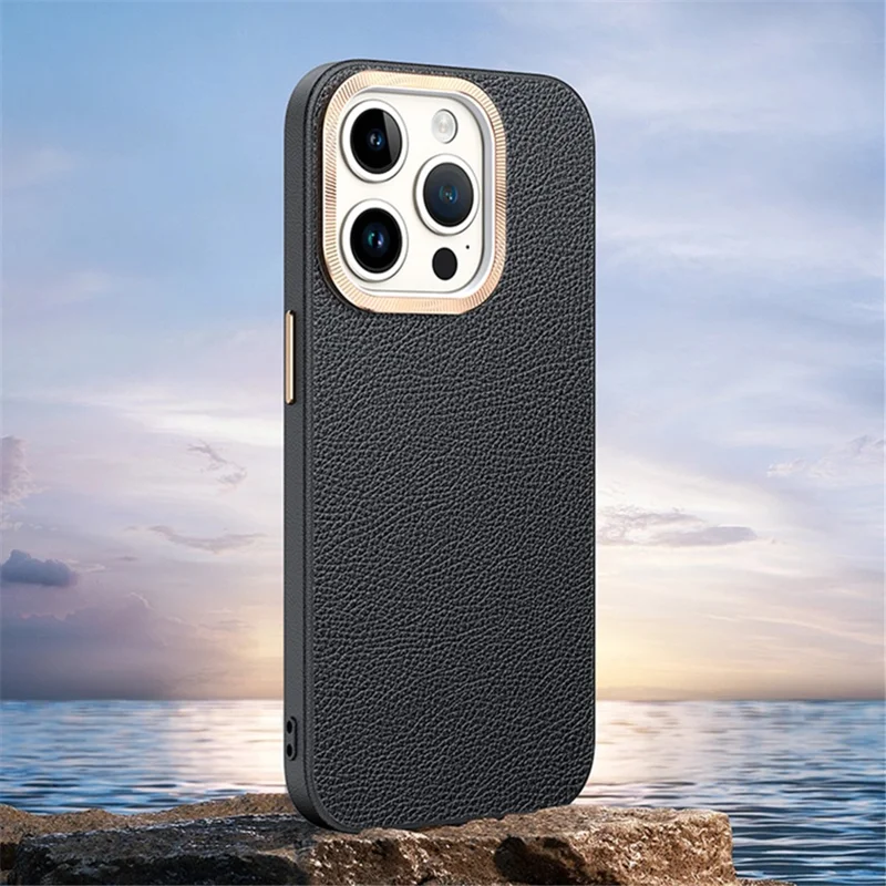 Per iPhone 15 Pro Max PU Leather+TPU Phone Case Metal Lens Frame Shockproof Cover - Nero
