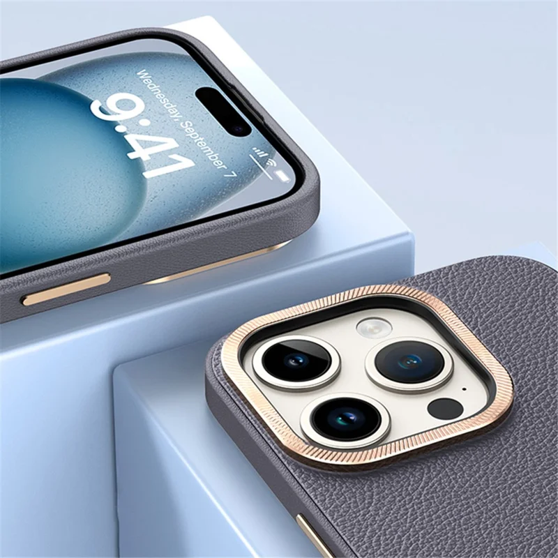 Per iPhone 15 Pro Max PU Leather+TPU Phone Case Metal Lens Frame Shockproof Cover - Nero