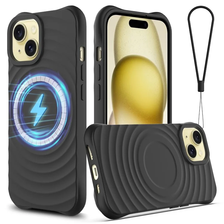 For iPhone 15 Plus Liquid Silicone Case Magnetic Phone Cover with Strap Ripple Texture - Black