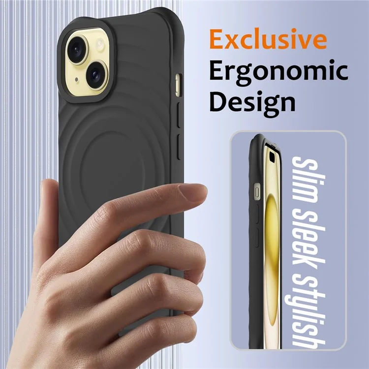 For iPhone 15 Plus Liquid Silicone Case Magnetic Phone Cover with Strap Ripple Texture - Black