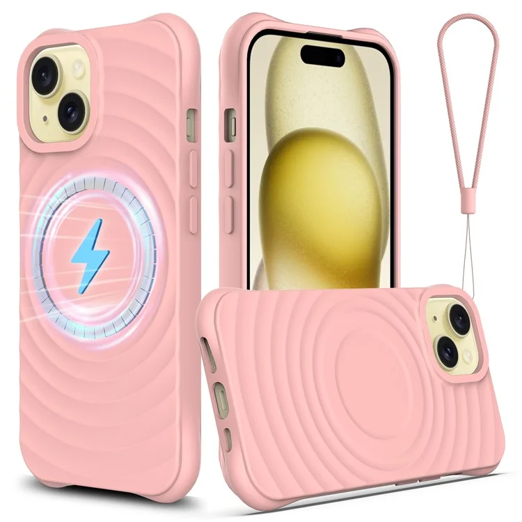 For iPhone 15 Plus Liquid Silicone Case Magnetic Phone Cover with Strap Ripple Texture - Pink