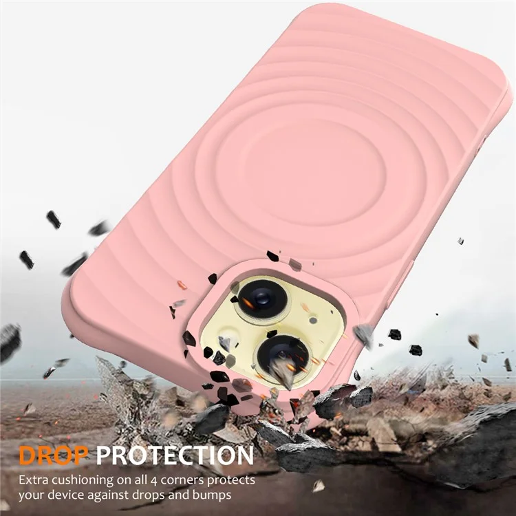 For iPhone 15 Plus Liquid Silicone Case Magnetic Phone Cover with Strap Ripple Texture - Pink