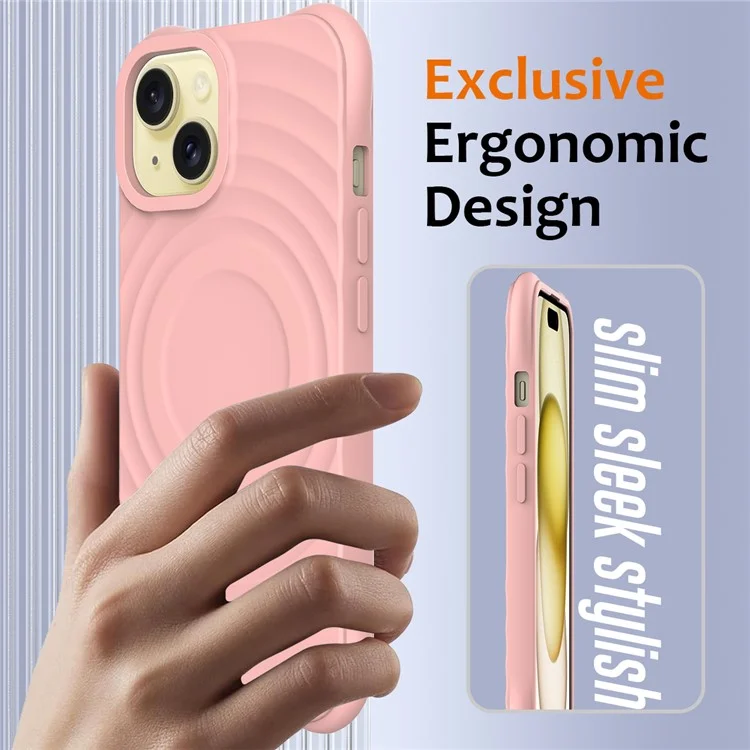 For iPhone 15 Plus Liquid Silicone Case Magnetic Phone Cover with Strap Ripple Texture - Pink