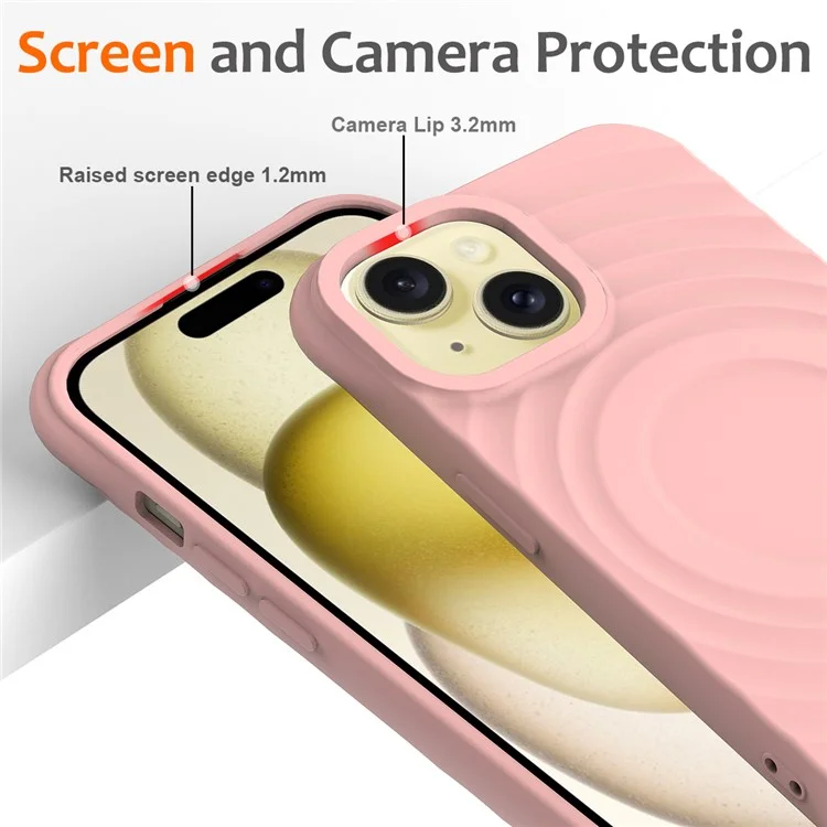 For iPhone 15 Plus Liquid Silicone Case Magnetic Phone Cover with Strap Ripple Texture - Pink