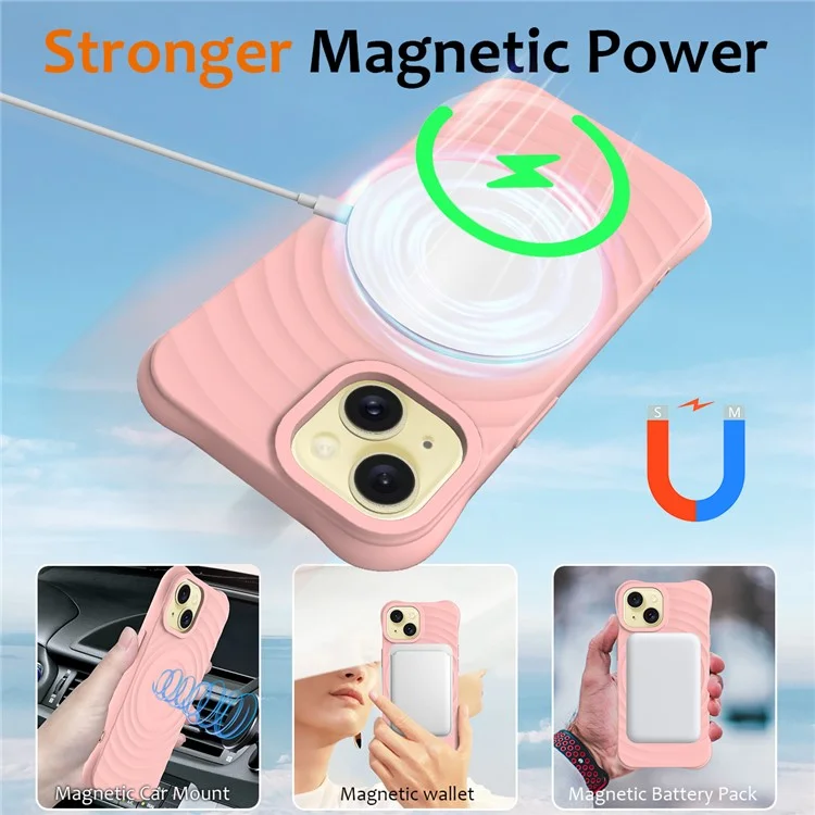 For iPhone 15 Plus Liquid Silicone Case Magnetic Phone Cover with Strap Ripple Texture - Pink