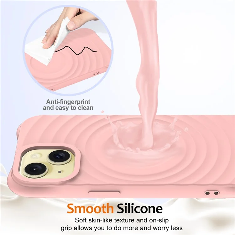 For iPhone 15 Plus Liquid Silicone Case Magnetic Phone Cover with Strap Ripple Texture - Pink