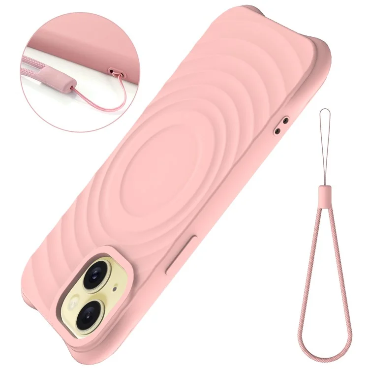 For iPhone 15 Plus Liquid Silicone Case Magnetic Phone Cover with Strap Ripple Texture - Pink